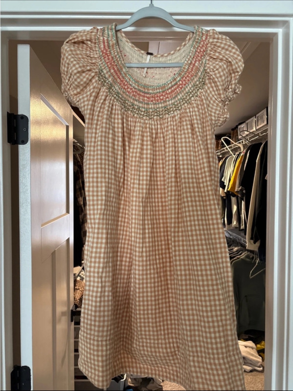 Free People Beige Gingham Smocked Mini Dress